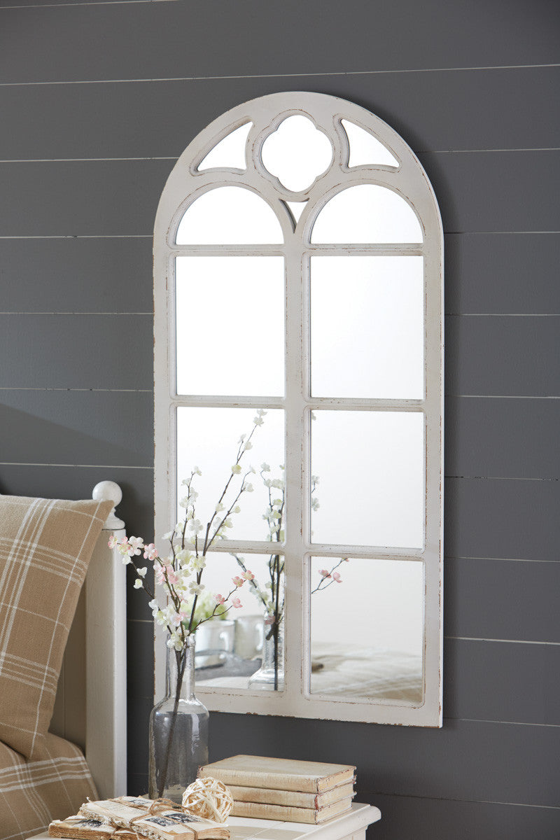 WOOD WINDOW MIRROR DISTRESSED - WHITE