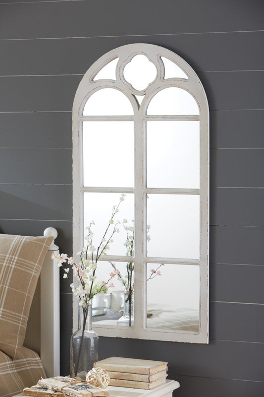 WOOD WINDOW MIRROR DISTRESSED - WHITE