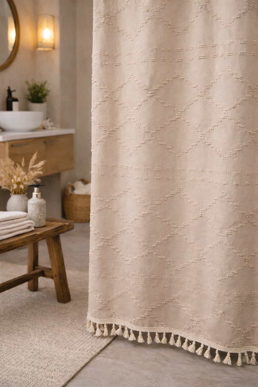 Beige Tufted Shower Curtain