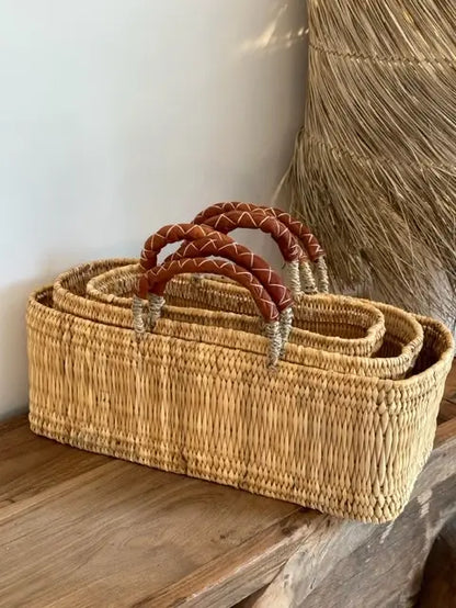 REED BASKET WITH LEATHER HANDLES