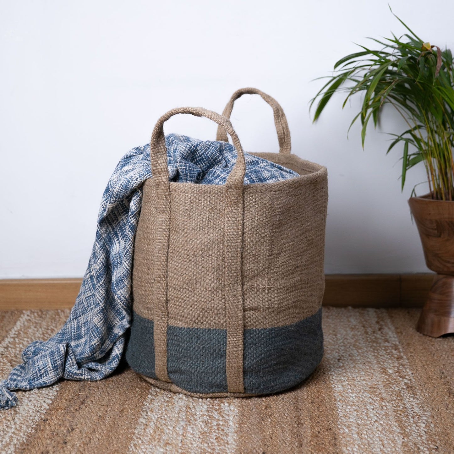 Artisan Crafted Jute Aqua & Beige Laundry Basket