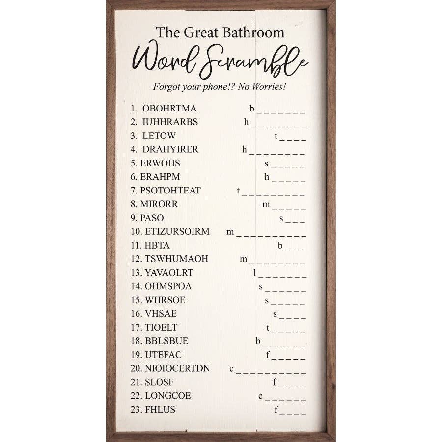 The Great Bathroom Word Scramble White Sign