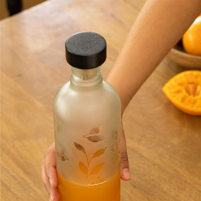 Ecofriendly Frosted Leaf Glass Bottle With Black Wood Stopper