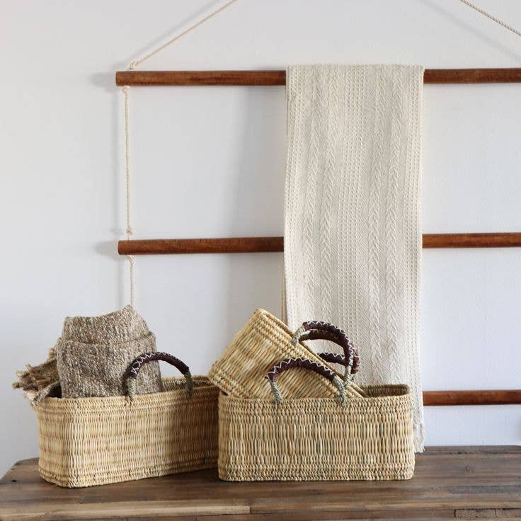 REED BASKET WITH LEATHER HANDLES