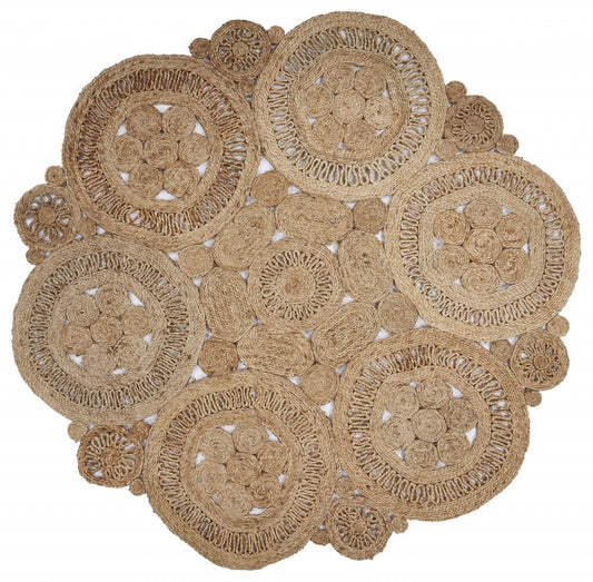 6' Tan Floral Rings Jute Area Rug