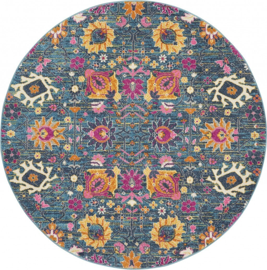 5' Round Denim Blue Florals Distressed Area Rug