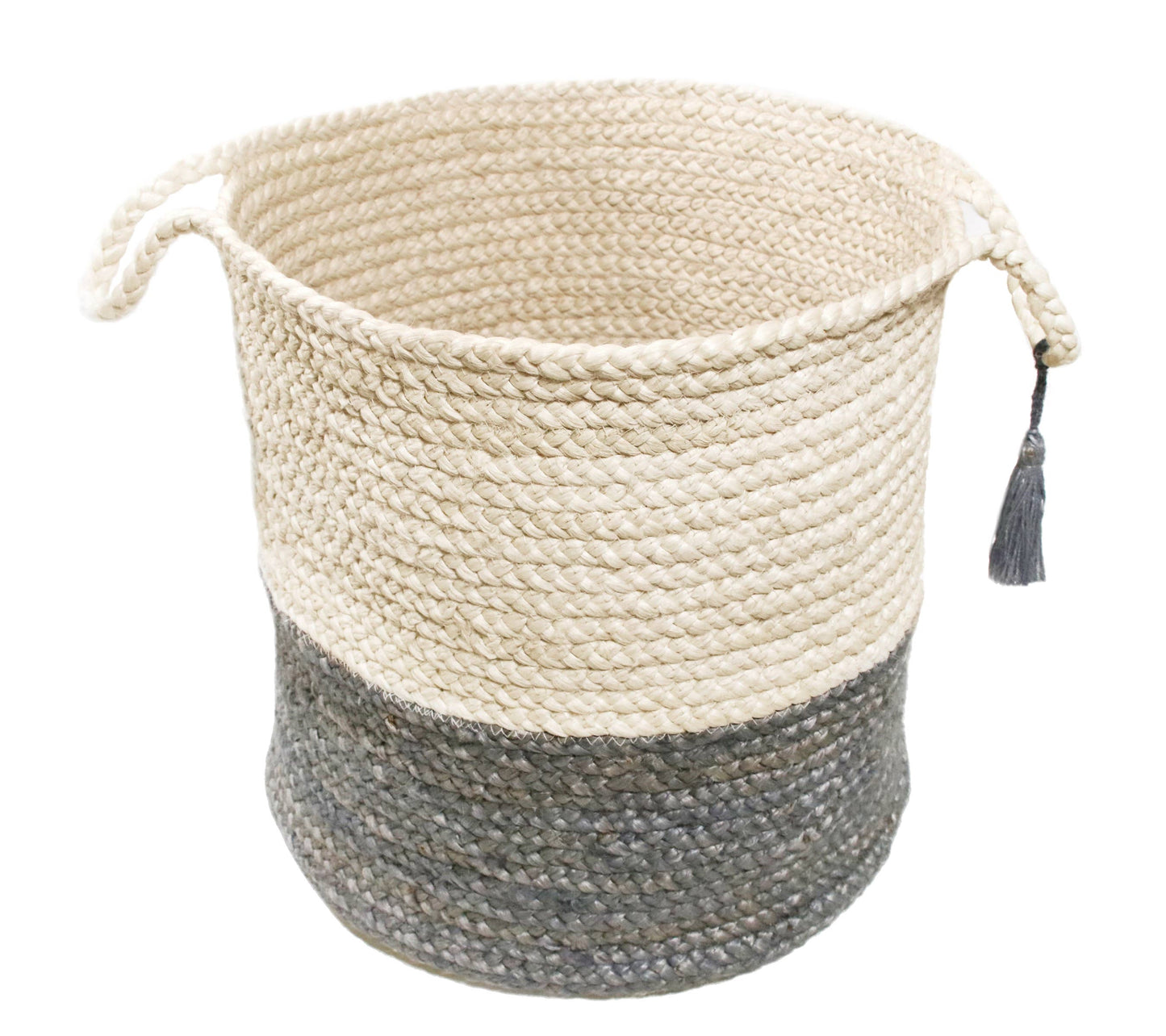 Two-Tone Off-White Jute Storage Basket with Handles