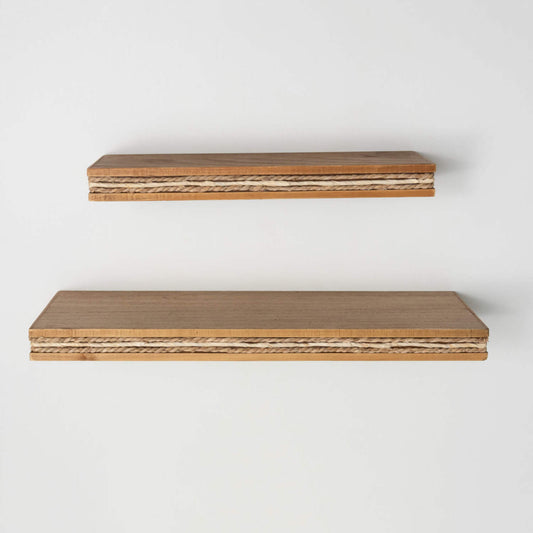 Rattan Trimmed Wall Shelf Set of 2