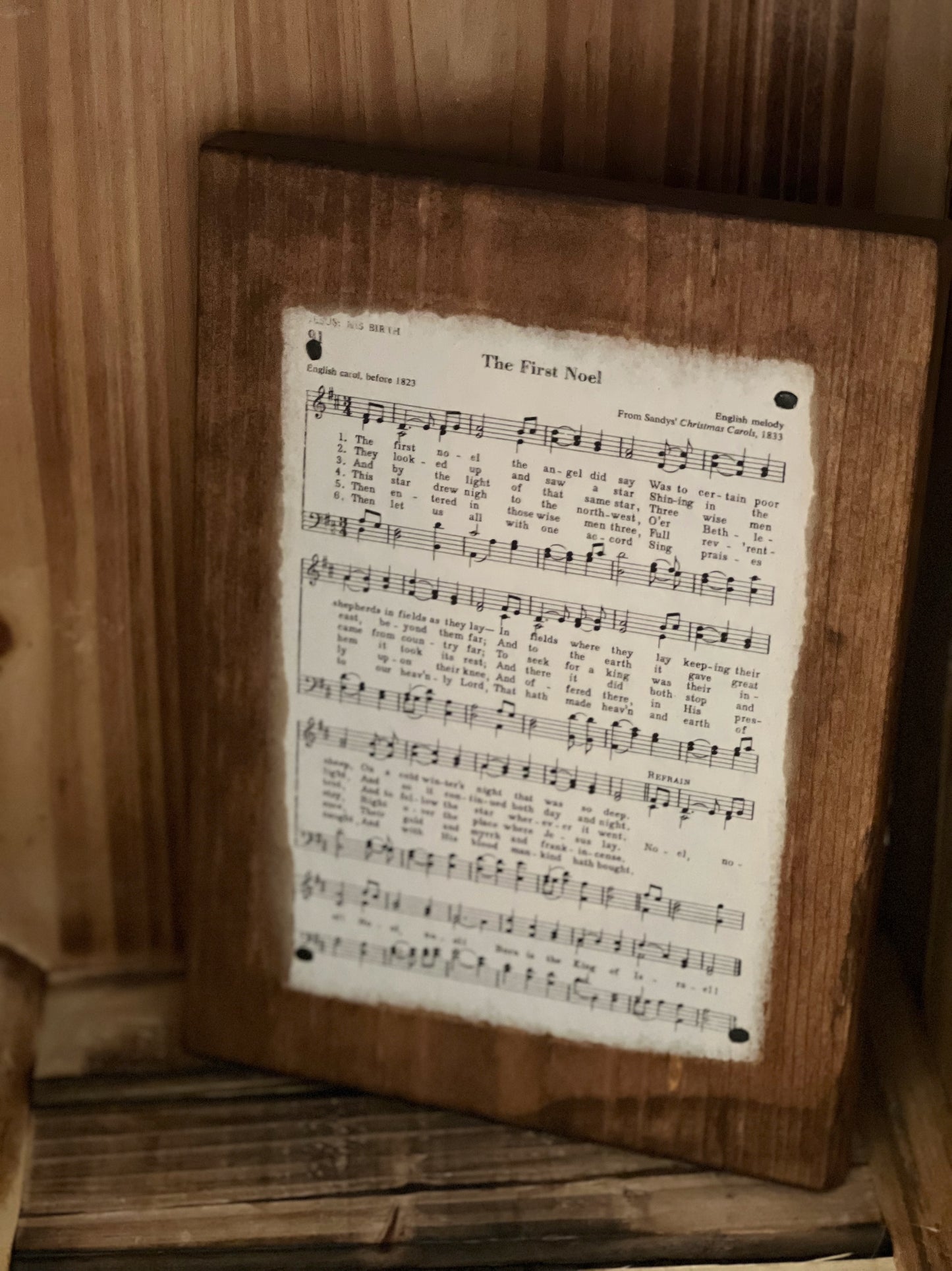 The First Noel song on wood