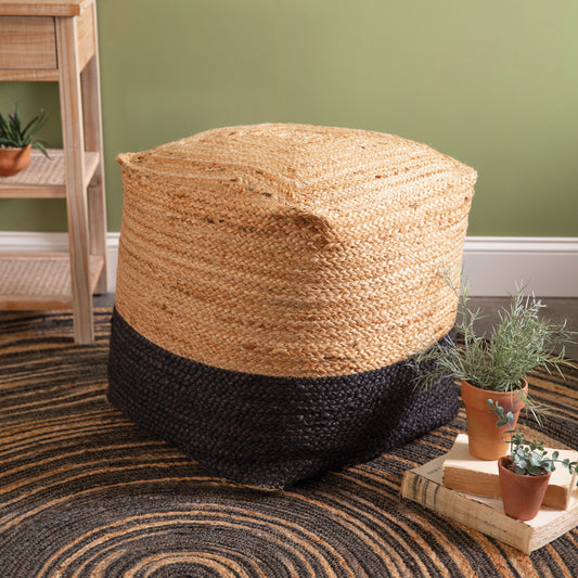 Natural Black and Jute Floor Pouf